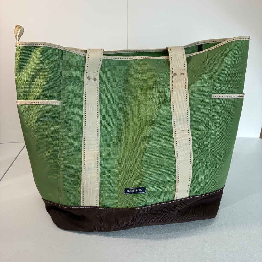 Lands End Heavyweight Tote Bag Large Green Nylon Monogrammed Travel Beach